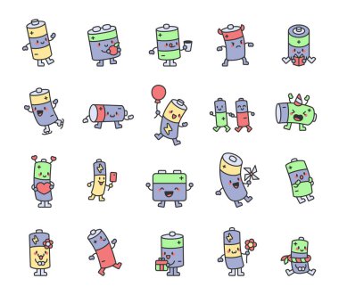 Sevimli kawaii pil karakterleri enerji, güç, teknoloji, eğlence, neşe, ifadeler, yaşam tarzı, elektrik, yük, neşeli, arkadaş canlısı, güler yüzlü, aktivite, aletler için mutlu çizgi film karakterleri