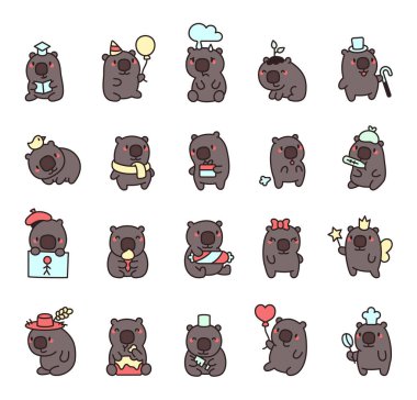 Sevimli kawaii wombat karakterleri eğlence, neşe, eğlence, ifadeler, yaşam tarzı, aktivite, yaratıcılık, neşeli, arkadaş canlısı, güler yüzlü, ruh hali, mutluluk