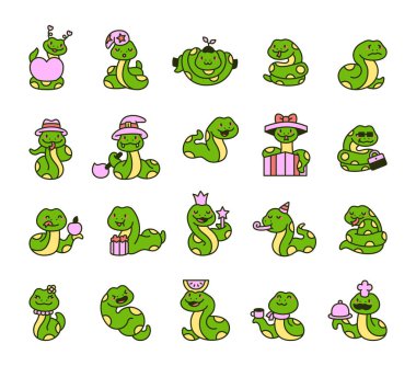 Eğlence, neşe, eğlence, ifadeler, yaşam tarzı, etkinlik, yaratıcılık, neşeli, arkadaş canlısı, güler yüzlü, ruh hali, mutluluk için neşeli kawaii yılan karakterleri.