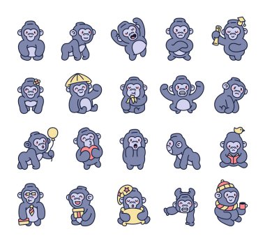 Sevimli kawaii goril maymun karakterleri eğlence, neşe, eğlence, ifadeler, yaşam tarzı, aktivite, yaratıcılık, neşeli, arkadaş canlısı, güler yüzlü, ruh hali