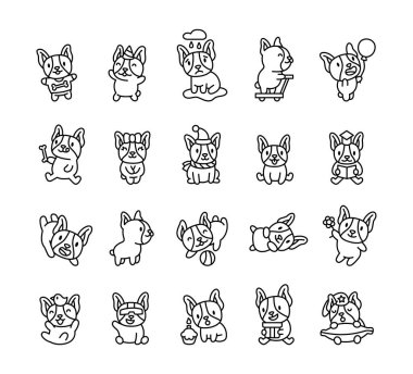 Şirin kawaii Boston Terrier karakterleri, neşeli çizgi film duyguları, eğlence, eğlence, ifadeler, yaşam tarzı, etkinlik, yaratıcılık, neşeli, neşeli, arkadaş canlısı, gülümseyen