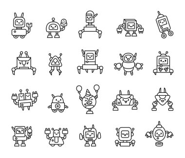 Yapay zeka, siber, android, mutluluk, karakter, duygu, neşe, dostça etkileşim ve modern dijital gelecek için eğlenceli ifadelere sahip sevimli kawaii robotları.