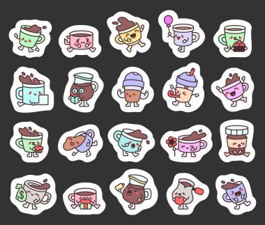 Kahve severler, kafeler, baristalar, tatlılar, içkiler, duygular, kutlamalar, kahvaltı, mutluluk, yaratıcılık için komik çizgi film karakterleri olan sevimli kawaii kahve fincanları.