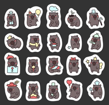 Sevimli kawaii wombat karakterleri eğlence, neşe, eğlence, ifadeler, yaşam tarzı, aktivite, yaratıcılık, neşeli, arkadaş canlısı, güler yüzlü, ruh hali, mutluluk