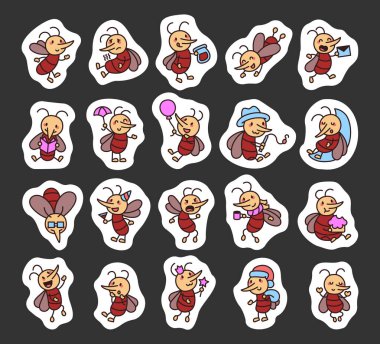 Sevimli kawaii sivrisinek karakterleri eğlence, neşe, eğlence, ifadeler, yaşam tarzı, aktivite, yaratıcılık, neşeli, arkadaş canlısı, güler yüzlü, ruh hali, mutluluk