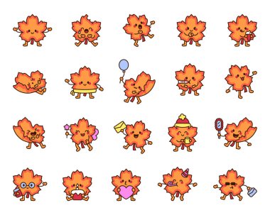 Şirin duygular, şenlik aksesuarları ve mevsimlik sonbahar öğeleri içeren sevimli akçaağaç yaprağı seti yaratıcı projeler, dekorasyonlar ve neşeli tasarım temaları için mükemmeldir..