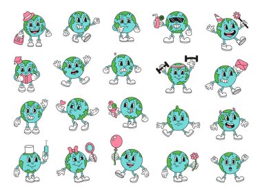 Sevimli gezegen karakteri seti duyguları, şık görünüşü, neşeli ruh halleri, neşeli hareketleri, sevgi dolu anları, fitness enerjisi, neşeli selamları ve hoş aksesuarları gösteriyor.