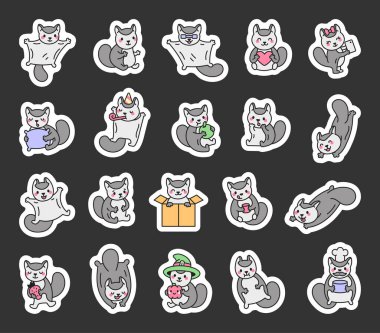 Komik planör karakter seti yemek yemek, uyumak, kutlamak ve sevimli çizgi film tasarımları için büyüleyici kostümler giymek gibi sevimli duygular ve aktiviteleri gösteriyor.