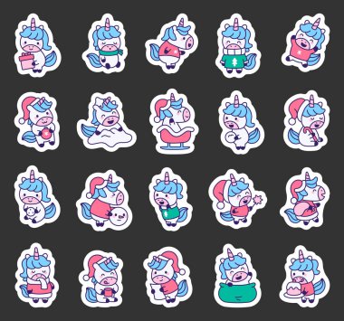 Hediyelerden, kardan, tatlı ikramlardan, rahat kıyafetlerden ve eğlence ve yaratıcı tasarım projelerinden keyif alan sihirli tek boynuzlu at Noel seti.