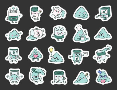 Sevimli pudra ilaçlama seti sevimli karikatür kavanozları ve büyüleyici duygularla dolu kutular, neşeli pozlar ve yaratıcı tasarım projeleri için oyuncu karakter anları.