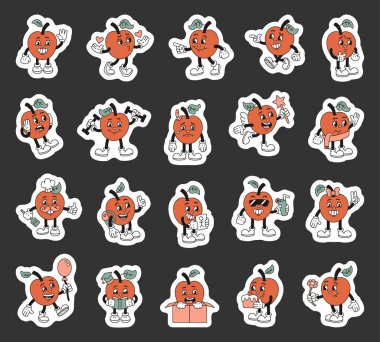 Çizgi film tarzında hazırlanmış komik elma karakteri, çeşitli duygu ve aktivitelerini, balon, kitap ve çiçek gibi aksesuarlarla gösteriyor. Çizim ve yaratıcı projeleriniz için.