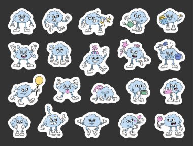 Farklı pozlardaki sevimli bulut karakterleri ve sizin çizimleriniz ve yaratıcı tasarımlarınız için kek, balon, kalp, mektup, şapka ve patlamış mısır gibi eğlenceli aksesuarları olan duygular.