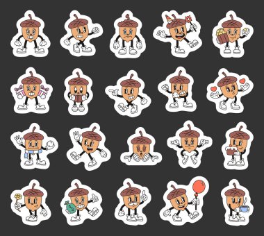 Komik meşe palamudu seti duyguları gösteriyor, nesneleri tutuyor, doğum günlerini kutluyor, içki içiyor, kitap okuyor ve resimleriniz için sevimli ve büyüleyici anları paylaşıyor.