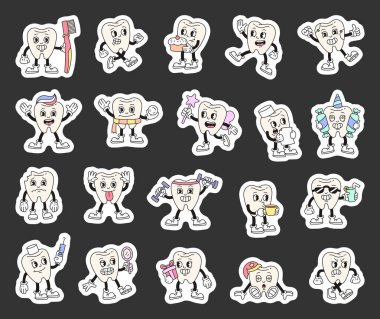 Çeşitli duyguları gösteren komik bir çizgi film karakteri seti farklı nesneler tutuyor, olayları kutluyor, içki içiyor, antrenman yapıyor ve tatlı bir retro tarzı dinleniyor.