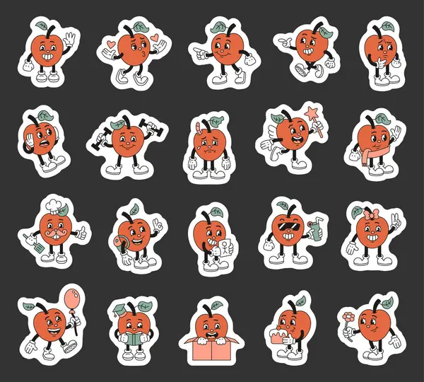 Çizgi film tarzında hazırlanmış komik elma karakteri, çeşitli duygu ve aktivitelerini, balon, kitap ve çiçek gibi aksesuarlarla gösteriyor. Çizim ve yaratıcı projeleriniz için.