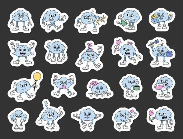 Farklı pozlardaki sevimli bulut karakterleri ve sizin çizimleriniz ve yaratıcı tasarımlarınız için kek, balon, kalp, mektup, şapka ve patlamış mısır gibi eğlenceli aksesuarları olan duygular.