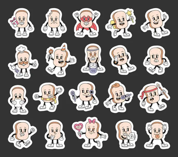 Ekmek tostu karakter seti çeşitli eğlenceli illüstrasyonlar içerir. Duyguları, kıyafetleri gösteren ve yaratıcı projeleriniz için şirin, klasik bir çizgi film tarzı yemek pozu veren.