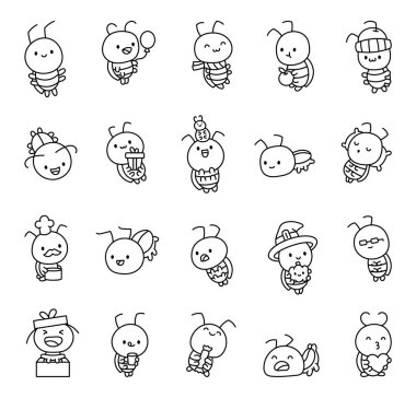 Sevimli hamamböceği karakter seti farklı duygular gösteriyor, eğlenceli kıyafetler giyiyor, yiyecek ve içecek tutuyor, tatilleri kutluyor, huzur içinde uyuyor ve sevimli jestlerle sevgisini ifade ediyor.