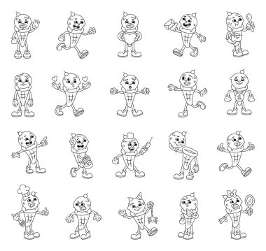 Çeşitli duyguları, aşk mesajları, parti aksesuarları, yemek malzemeleri ve resimleriniz ve yaratıcı tasarım projeleri olan sevimli dondurma karakteri.