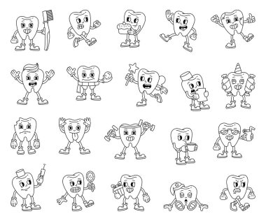 Çeşitli duyguları gösteren komik bir çizgi film karakteri seti farklı nesneler tutuyor, olayları kutluyor, içki içiyor, antrenman yapıyor ve tatlı bir retro tarzı dinleniyor.