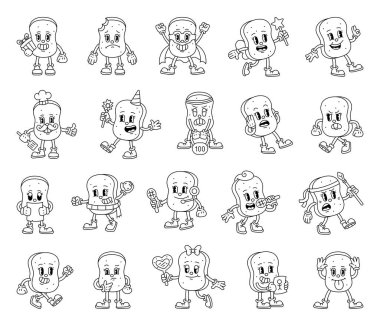 Ekmek tostu karakter seti çeşitli eğlenceli illüstrasyonlar içerir. Duyguları, kıyafetleri gösteren ve yaratıcı projeleriniz için şirin, klasik bir çizgi film tarzı yemek pozu veren.