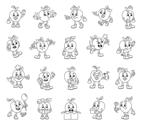 Çizgi film tarzında hazırlanmış komik elma karakteri, çeşitli duygu ve aktivitelerini, balon, kitap ve çiçek gibi aksesuarlarla gösteriyor. Çizim ve yaratıcı projeleriniz için.