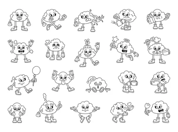 Farklı pozlardaki sevimli bulut karakterleri ve sizin çizimleriniz ve yaratıcı tasarımlarınız için kek, balon, kalp, mektup, şapka ve patlamış mısır gibi eğlenceli aksesuarları olan duygular.