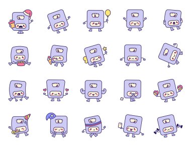 Patlamış mısır yemek, halterleri kaldırmak, balon tutmak, tatilleri kutlamak ve daha çekici pozlar vermek gibi farklı duyguları olan sevimli çizgi film karakterleri.