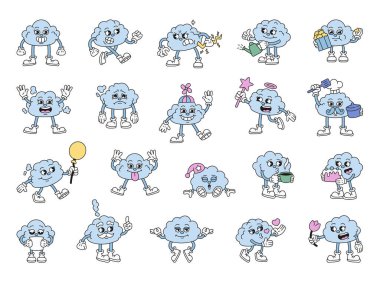 Farklı pozlardaki sevimli bulut karakterleri ve sizin çizimleriniz ve yaratıcı tasarımlarınız için kek, balon, kalp, mektup, şapka ve patlamış mısır gibi eğlenceli aksesuarları olan duygular.