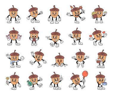 Komik meşe palamudu seti duyguları gösteriyor, nesneleri tutuyor, doğum günlerini kutluyor, içki içiyor, kitap okuyor ve resimleriniz için sevimli ve büyüleyici anları paylaşıyor.