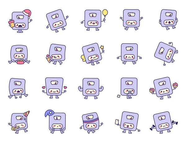 Patlamış mısır yemek, halterleri kaldırmak, balon tutmak, tatilleri kutlamak ve daha çekici pozlar vermek gibi farklı duyguları olan sevimli çizgi film karakterleri.