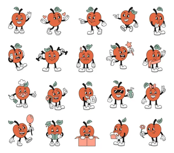 Çizgi film tarzında hazırlanmış komik elma karakteri, çeşitli duygu ve aktivitelerini, balon, kitap ve çiçek gibi aksesuarlarla gösteriyor. Çizim ve yaratıcı projeleriniz için.