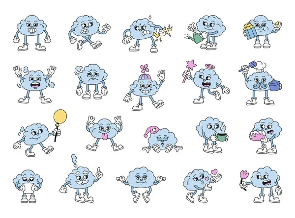 Farklı pozlardaki sevimli bulut karakterleri ve sizin çizimleriniz ve yaratıcı tasarımlarınız için kek, balon, kalp, mektup, şapka ve patlamış mısır gibi eğlenceli aksesuarları olan duygular.