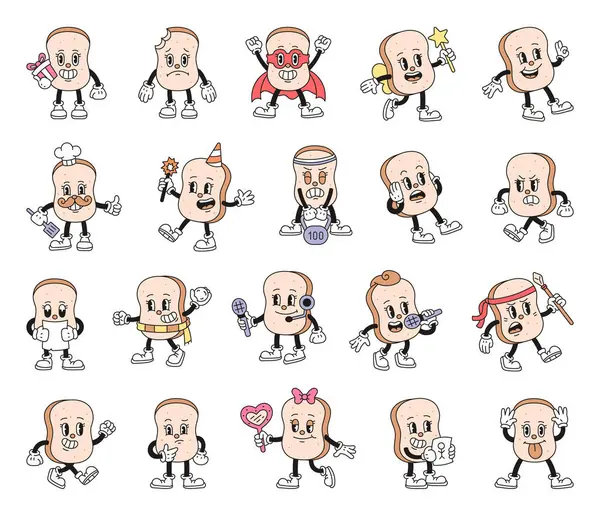 Ekmek tostu karakter seti çeşitli eğlenceli illüstrasyonlar içerir. Duyguları, kıyafetleri gösteren ve yaratıcı projeleriniz için şirin, klasik bir çizgi film tarzı yemek pozu veren.