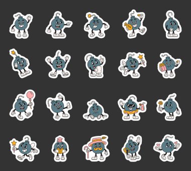 Harika bir çizgi film karakteri gülümsüyor sinirli, korkmuş, düşünceli, düşünceli, uçuyor, dans ediyor, yemek yiyor, öpüşüyor.