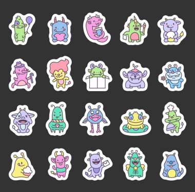 Canavar uzaylı karakter gülümsüyor kahve içiyor çiçek tutuyor balon takıyor pasta yiyor doğum gününü kutluyor mektup yazıyor resim yapıyor