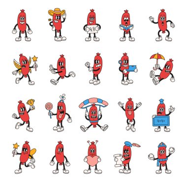 Çizgi film karakterlerinin modası geçmiş komik, dışavurumcu, kostümleri ve duyguları olan sosis karakterleri.