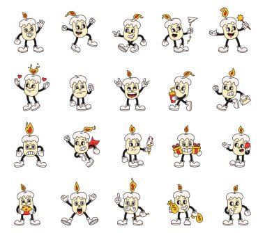 Çizgi filmdeki modaya uygun retro mum karakterler. Klasik komik ifade tarzı. Duygular, jestler ve tatil unsurları.