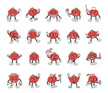 Çizgi filmdeki modaya uygun domates karakterleri, modası geçmiş, komik, dışavurumcu stili, kostümlü, jestler, meslekler ve tatil unsurları.