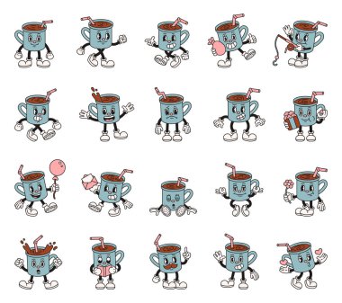 Çizgi filmdeki modaya uygun kahve fincanı karakterleri duygusal jestler, etkinlik nesneleri ve tatil unsurları içeren komik ifade tarzları sergiliyorlar.