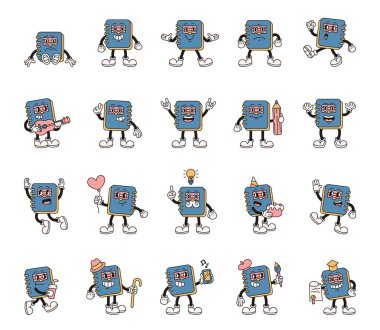 Çizgi film karakterlerinin modası geçmiş, modası geçmiş, komik, dışavurumcu stili, jestler, kostümler, aksesuarlar, meslekler ve yaratıcı unsurlar.