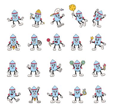 Çizgi filmdeki modası geçmiş roket karakterleri, modası geçmiş komik dışavurumcu stili, duyguları ifade eden jestler, kostümler, objeler ve fantezi unsurları.