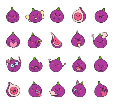 Kawaii çizgi filmindeki incir karakterler duygusal aktiviteleri olan sevimli dışavurumcu tarzları olan nesneler yiyecek ve mevsimsel tatil unsurlarını işaret eder.