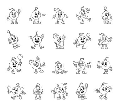 Harika bir çizgi film karakteri gülümsüyor sinirli, korkmuş, düşünceli, düşünceli, uçuyor, dans ediyor, yemek yiyor, öpüşüyor.