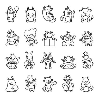 Canavar uzaylı karakter gülümsüyor kahve içiyor çiçek tutuyor balon takıyor pasta yiyor doğum gününü kutluyor mektup yazıyor resim yapıyor