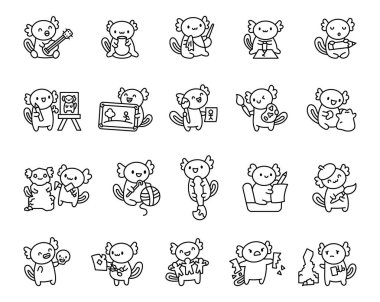 Yaratıcı axolotl karakteri heykeltıraşlık çizer araçlarla el sanatları yapar malzemeler ve sanatsal komik tasarım çizimleri için neşe verir