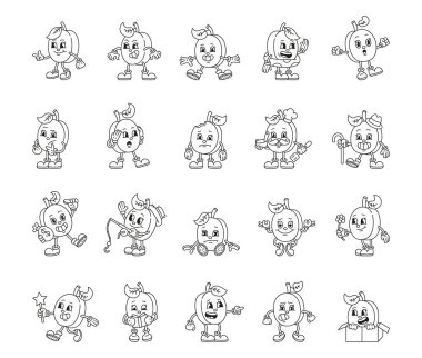 Modaya uygun retro erik karakteri duyguları aksesuar, dışavurumlar kostüm tarzı çizim çizimleri.