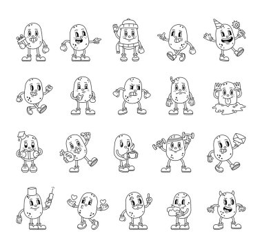 Duygusal eylemleri, aksesuarları, nesneleri ve mevsimsel dekoratif unsurları yansıtan modaya uygun patates karakteri çizimleri.