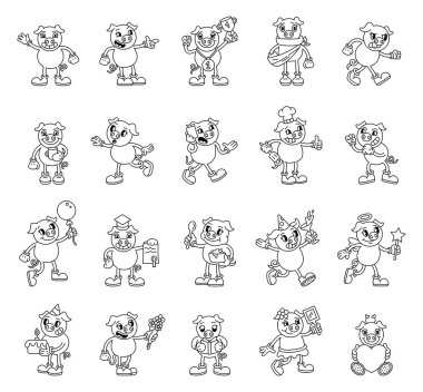 Eski moda çizgi film domuz karakteri çizimleri, duygu aktiviteleri, jestler, aksesuarlar, giysiler, şapkalar.