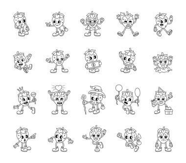 Eski moda bir çizgi film, çilek dansı, gülücük, balon, pelerin, aşk, para, hediye.